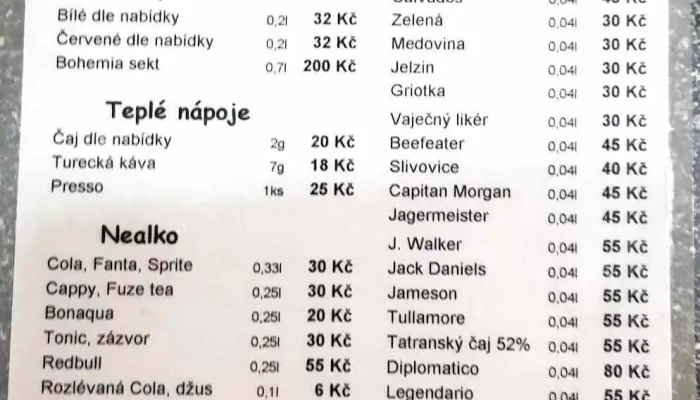 Bar U Havrana -  Menu - Táboritská 1406