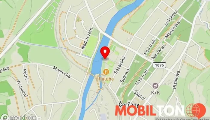 mapa Čerčanská Koupadla Sportovní klub, Tábořiště pro rybáře, Hostel, Bazény a koupaliště, Restaurace, Tenisový kurt, Volejbalové hřiště v Sázavská 491