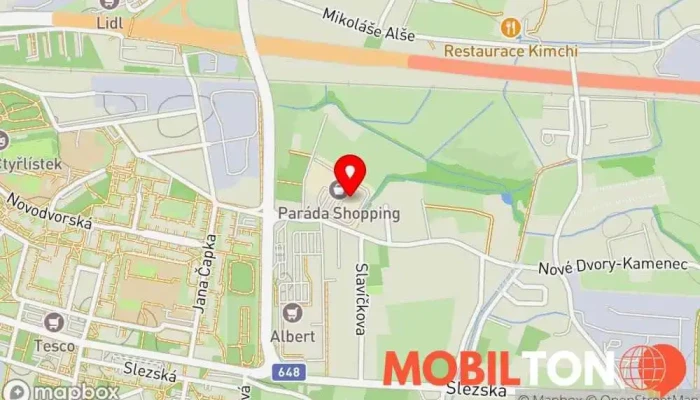 mapa DATART Paráda Frýdek-Místek Prodej elektroniky, Prodej domácích spotřebičů, Prodej mobilních telefonů v OC Paráda, Dobrovského 3680
