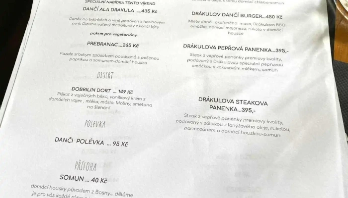 Drakulova Krcma Menu - Dobřeň-kokořín