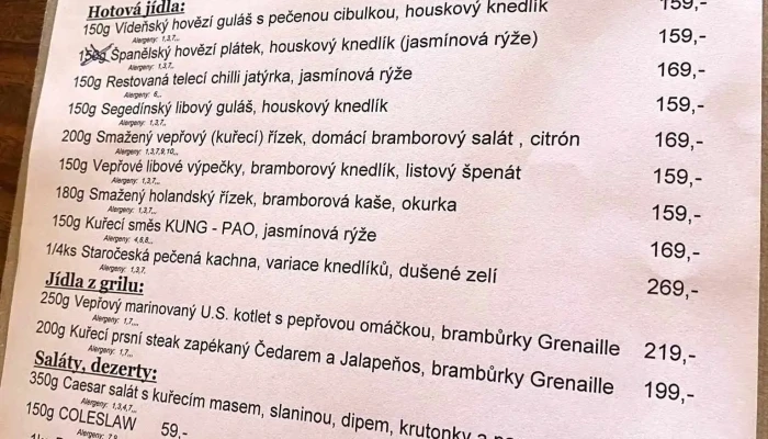 Hostinec Antonin Bartak Menu - Nespeky-čerčany