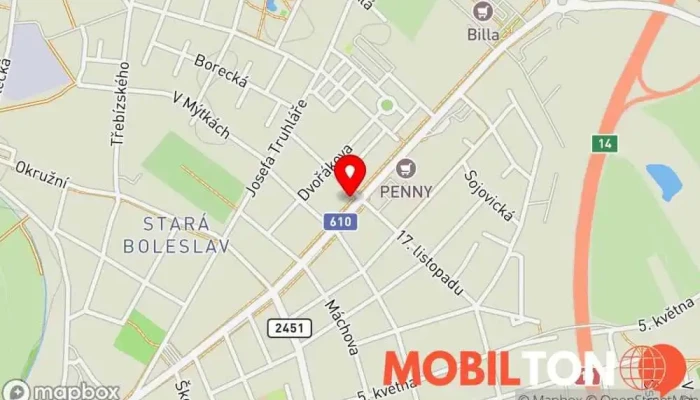 mapa Hostinec Modrá Hvězda Restaurace, Rozvoz jídla, Hospoda v Boleslavská 728/19