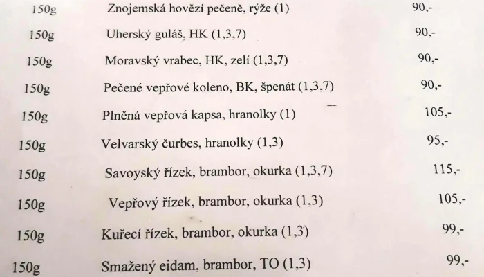 Hostinec Na Sladovne Menu - Pražská 107