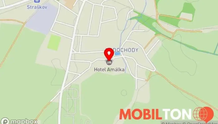 mapa Hotel Amálka Hotel, Badmintonové hřiště, Pivní zahrádka, Krytý bazén, Masáže, Restaurace, Bazén, Tenisový kurt, Občerstvení pro svatby, Wellness centrum v Straškov
