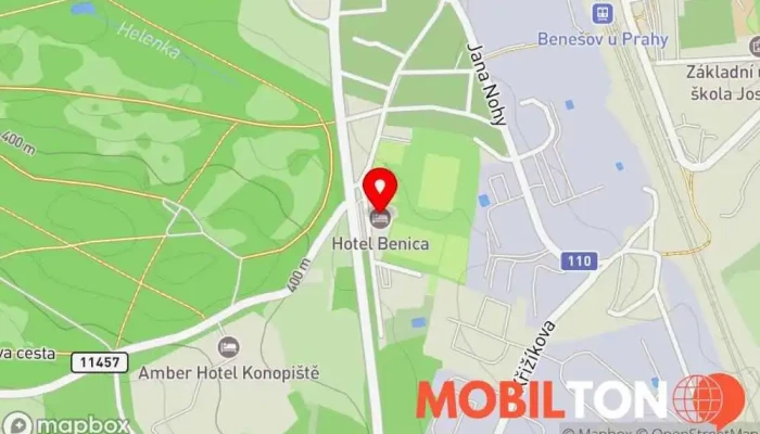 mapa Hotel Benica Hotel, Školicí centrum, Restaurace, Občerstvení pro svatby, Organizace svateb v Ke Stadionu 2045