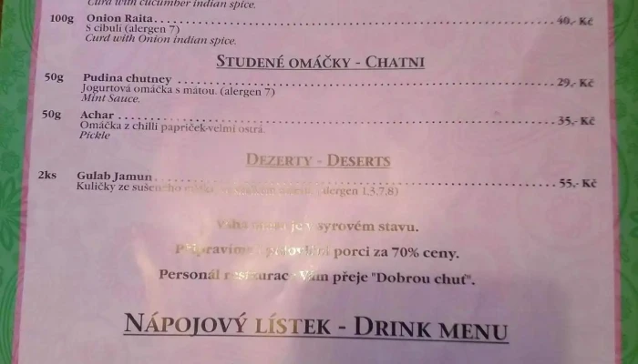 Indicka Restaurace Pushkar Menu - Prštné