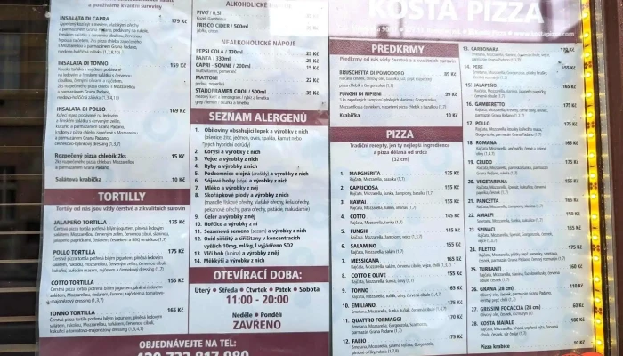 Kosta Pizza -  Menu - T. G. Masaryka 90/17