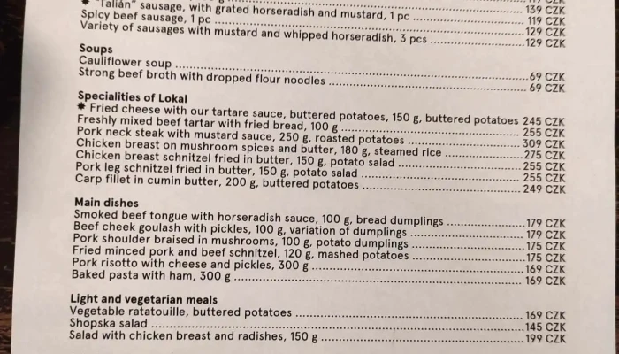 Lokal U Jirata Menu - Nové Město