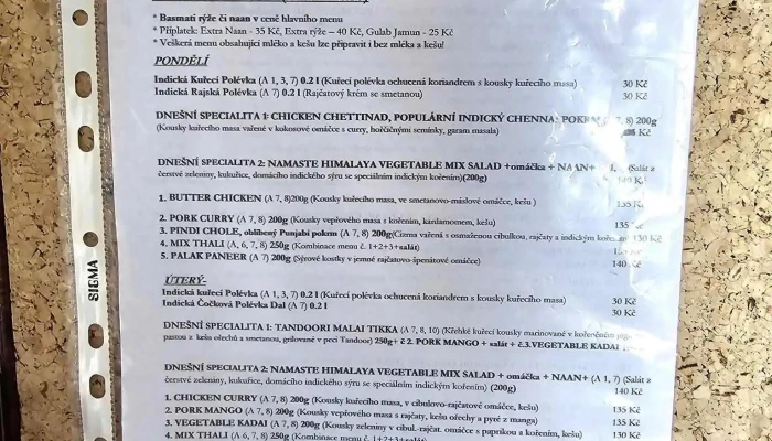 Namaste Himalaya Nepalsko Indicka Restaurace Menu - Masarykovo Nám.