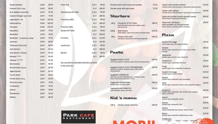 Park Cafe -    Restaurant Menu - Poděbrady Iii