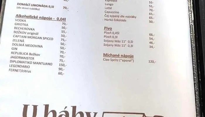 Penzion A Restaurace U Baby Subrovy Menu - Kokořínský Důl