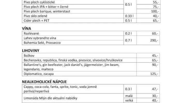 Pivovar Mlyn Menu - Snědovice-štětí