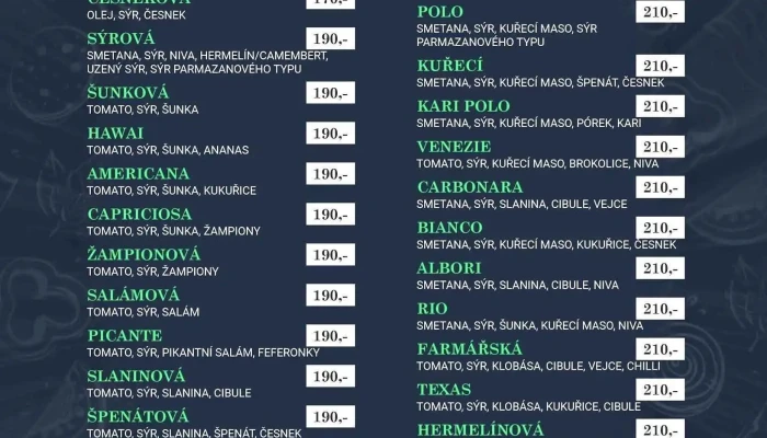 Pizza Rio -  Menu - Benešova 71/1, Hlouška 284 01