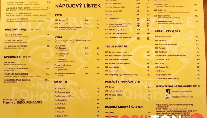 Pizzerie U Sneka Pohodare Menu - Vladislavova 333/11