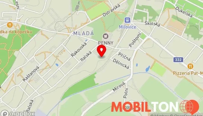 mapa PLANEO - Milovice Prodej elektroniky, Prodej domácích spotřebičů, Prodejna fotoaparátů, Prodej mobilních telefonů, Prodej výpočetní techniky, Prodejna her, Prodejna vysavačů v u Tesca, Italská 700