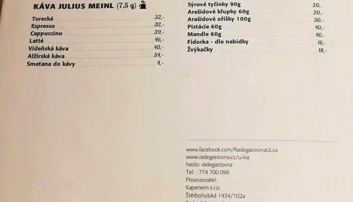 Radegastovna U Lva -  Menu - Dolní Nám. 308