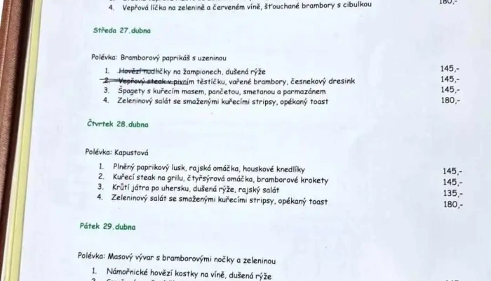 Restaurace A Penzion Na Pinduli -  Menu - Březovská 86