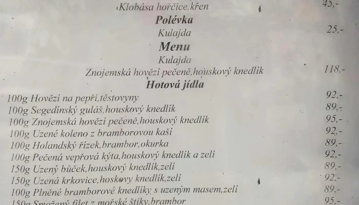 Restaurace Na Kopecku Menu - Dolní Jirčany