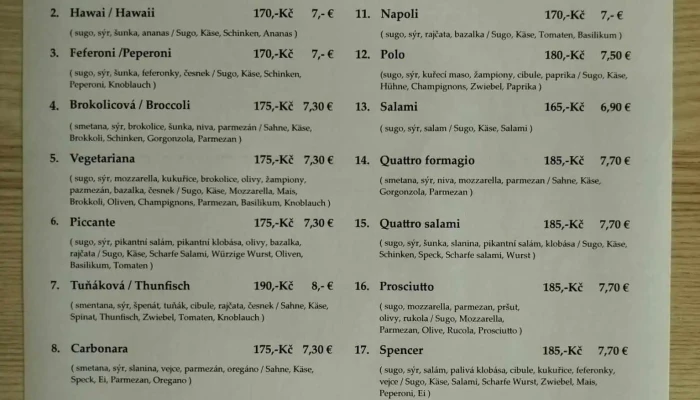 Restaurace Praha Jirikov Menu - 9. Května 851