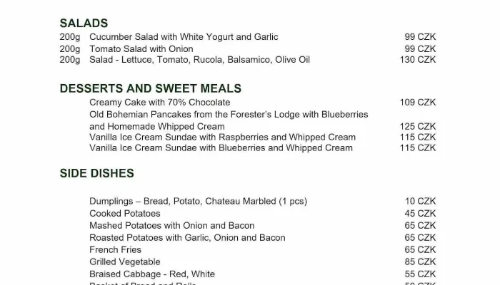 Restaurace Stara Myslivna Menu - Konopiště