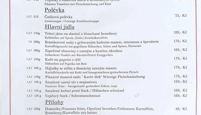 Restaurace U Vyhlidky Menu - Dolní Chřibská