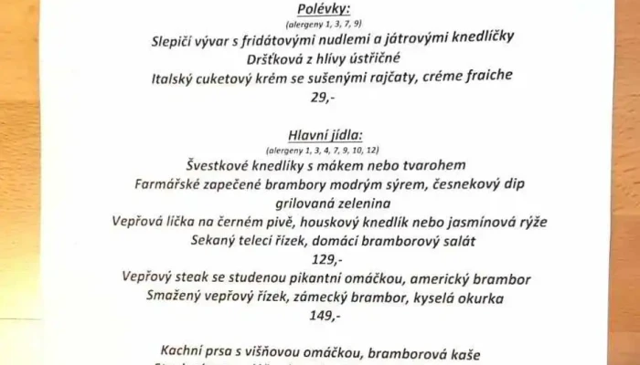 Restaurace U Zlate Hvezdy Menu - Masarykovo Nám. 2
