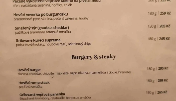 Restaurace V Pivovare Menu - Paroubkova 24