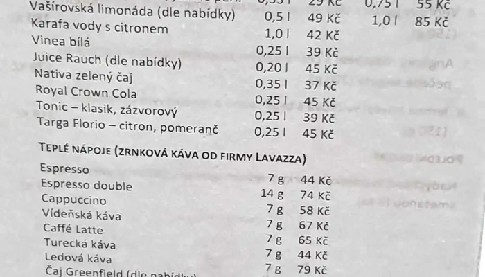 Restaurace Vasirovsky Dvur Menu - Vašírov