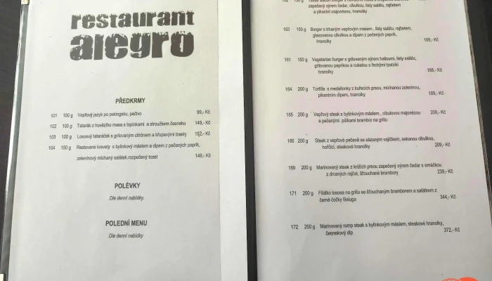 Restaurant Bar Alegro -  Menu - Jiřího Nám. 42