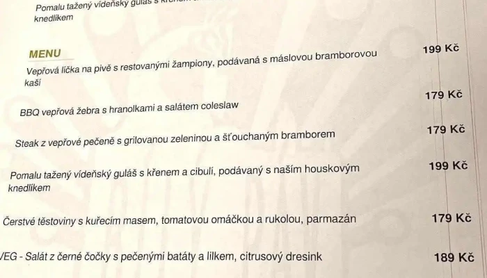 Restaurant Bily Pav Menu - Benátky Nad Jizerou Ii