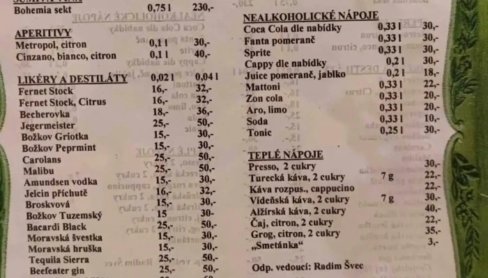 Restaurant U Huberta -  Menu - Bechyňovo Nám. 10