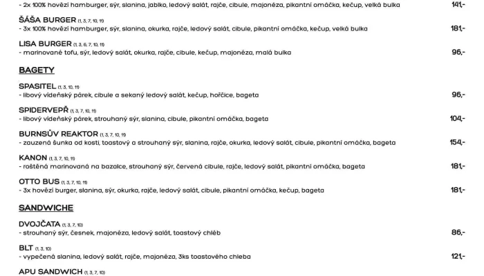 Sasa Burger Menu - Československé Armády 31