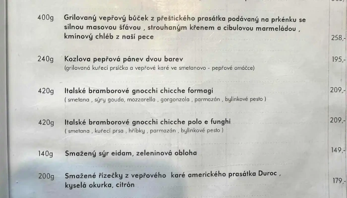 Sazavska Kozlovna Menu - Gen. Vedrala Sázavského 420