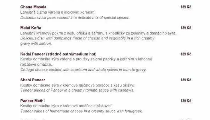 Shiva Restaurant And Bar -  Menu - M. Švabinského 140/35