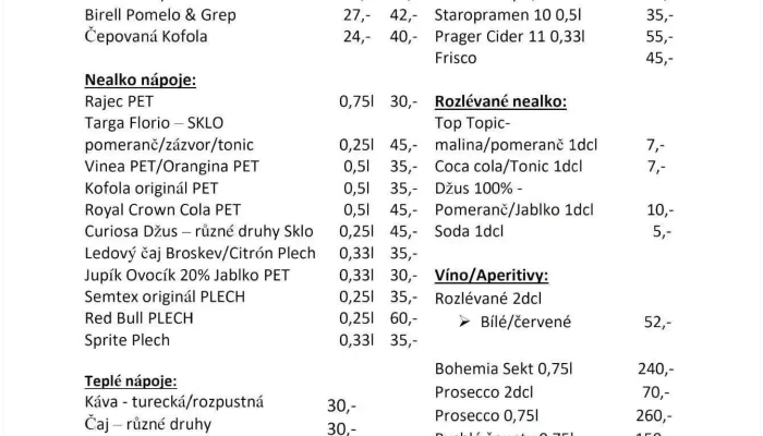 Slovanka Bistro A Bar -  Menu - Přístup Z, U Stadionu 432 Fotbalový Stadion Tk Slovan, Na Mlíčníku