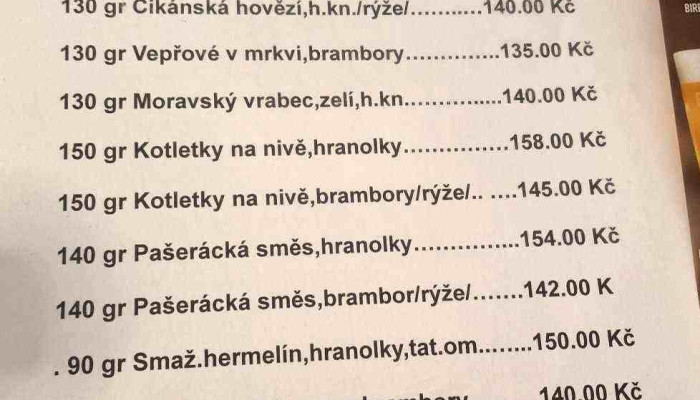U Ceske Koruny Menu - Zbraslavice