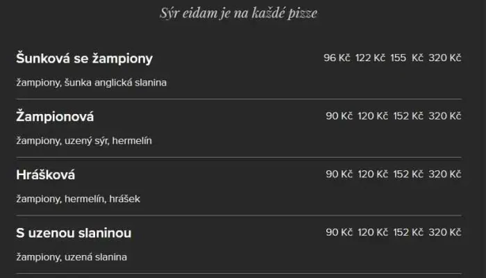U Templu Pizza -  Bar Menu - Zámecká 51